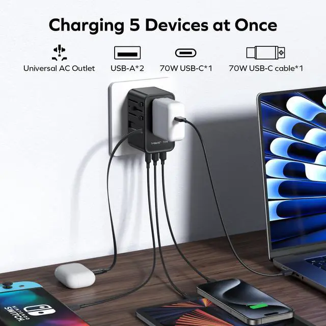Alt view image 4 of 7 - MOMAX Universal Travel Adapter, International Power Plug Adapter with 1 USB C (PD 70W), 2 USB A Ports, 1USB-C Cable (PD 70W), All-in-One Worldwide Wall Charger for USA European UK AUS (Type C/G/A/I)