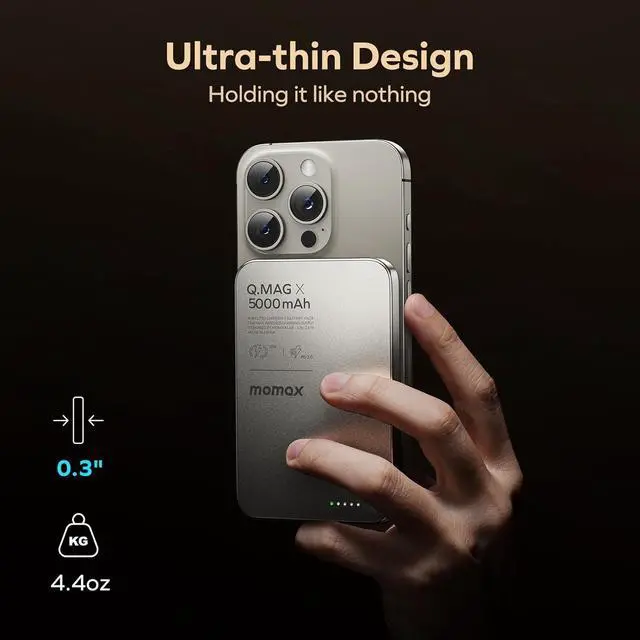 Alt view image 3 of 7 - MOMAX Magnetic Power Bank, 5000mAh Wireless Portable Charger, Wired 20W Fast Charging Battery Pack, Compatible with Magsafe, iPhone 15/14/13/12 Series, USB C Charging Cable Included, Titanium Gold