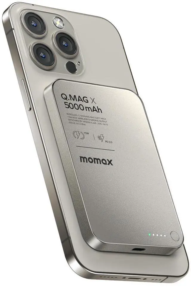 Main image of MOMAX Magnetic Power Bank, 5000mAh Wireless Portable Charger, Wired 20W Fast Charging Battery Pack, Compatible with Magsafe, iPhone 15/14/13/12 Series, USB C Charging Cable Included, Titanium Gold