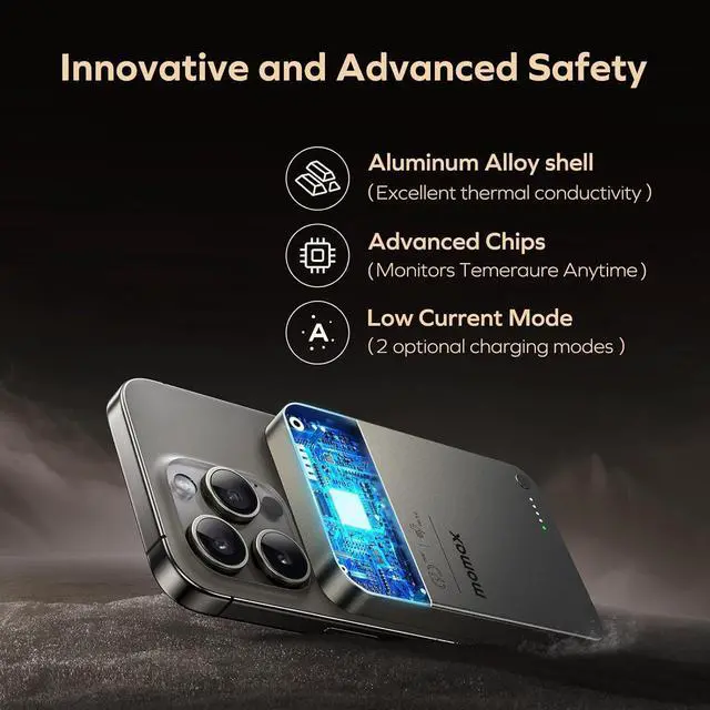 Alt view image 7 of 7 - MOMAX Magnetic Power Bank, 5000mAh Wireless Portable Charger, Wired 20W Fast Charging Battery Pack, Compatible with Magsafe, iPhone 15/14/13/12 Series, USB C Charging Cable Included, Titanium Gold