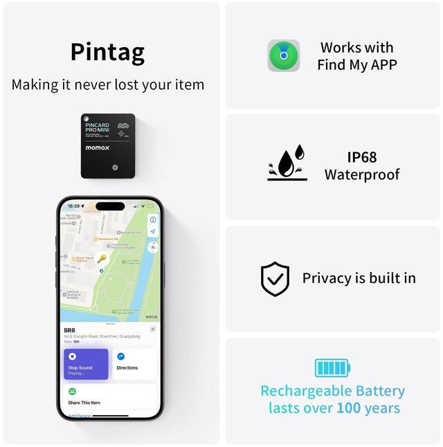 Alt view image 3 of 6 - Momax Rechargeable Wireless Tracker,  iOS Only, Key Finder IP68 Waterproof, Up to 328ft Range, Smart Tracking Tag for Keys, Bags, Luggage, Wallet and More, Mini Size