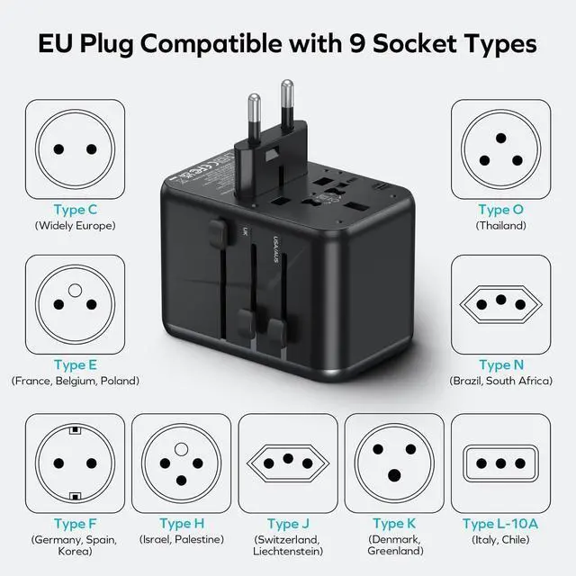 Alt view image 6 of 7 - MOMAX Universal Travel Adapter, 170W GaN International Power Adapter, 2 USB-C 2 USB-A, Worldwide Travel Plug Adapter, International Power Adapter for Most Europe, USA, Japan, Australia (Type C/A/G/I)