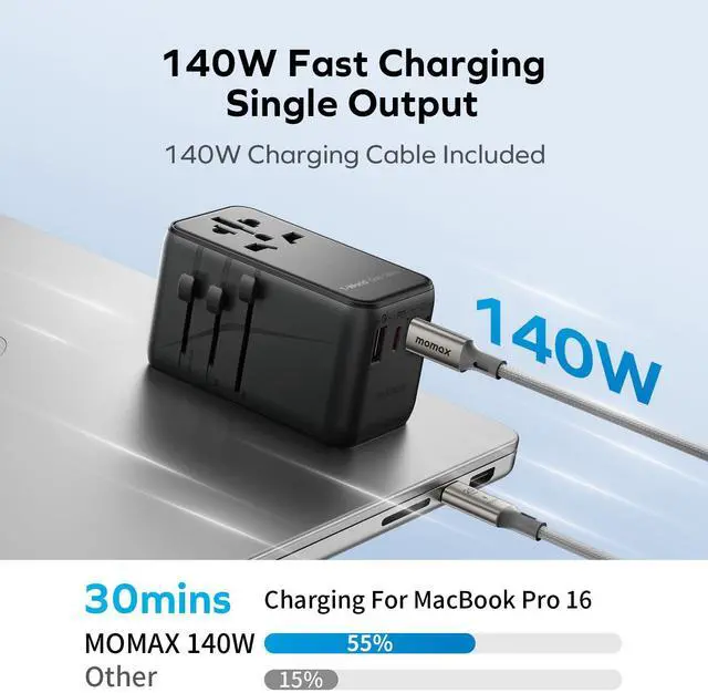 Main image of MOMAX Universal Travel Adapter, 170W GaN International Power Adapter, 2 USB-C 2 USB-A, Worldwide Travel Plug Adapter, International Power Adapter for Most Europe, USA, Japan, Australia (Type C/A/G/I)