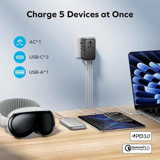 Alt view image 2 of 6 - MOMAX Universal Travel Adapter, 170W GaN International Power Adapter, 2 USB-C 2 USB-A, Worldwide Travel Plug Adapter, International Power Adapter for Most Europe, USA, Japan, Australia (Type C/A/G/I)