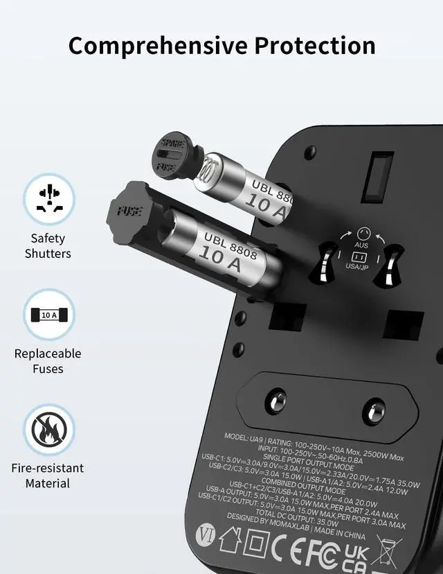 Alt view image 6 of 7 - MOMAX Universal Travel Adapter, PD 35W Fast International Power Adapter, 3 USB C & 2 USB A, Worldwide Travel Plug Adapter, International Power Adapter for Europe, USA, Japan, Australia (Type C/A/G/I)