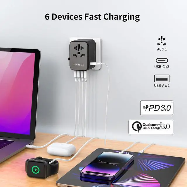 Alt view image 5 of 7 - MOMAX Universal Travel Adapter, PD 35W Fast International Power Adapter, 3 USB C & 2 USB A, Worldwide Travel Plug Adapter, International Power Adapter for Europe, USA, Japan, Australia (Type C/A/G/I)