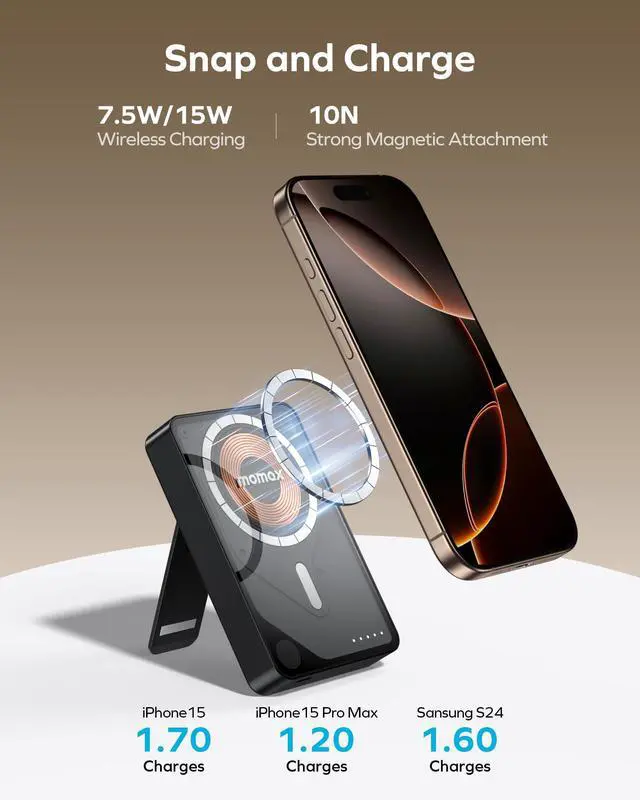 Alt view image 2 of 6 - MOMAX Magnetic Power Bank, 10000mAh Wireless Portable Charger, Wired 20W Fast Charging Battery Pack, Compatible with Magsafe, iPhone 15/14/13/12 Series, Built-inUSB C Charging Cable and Stand Included