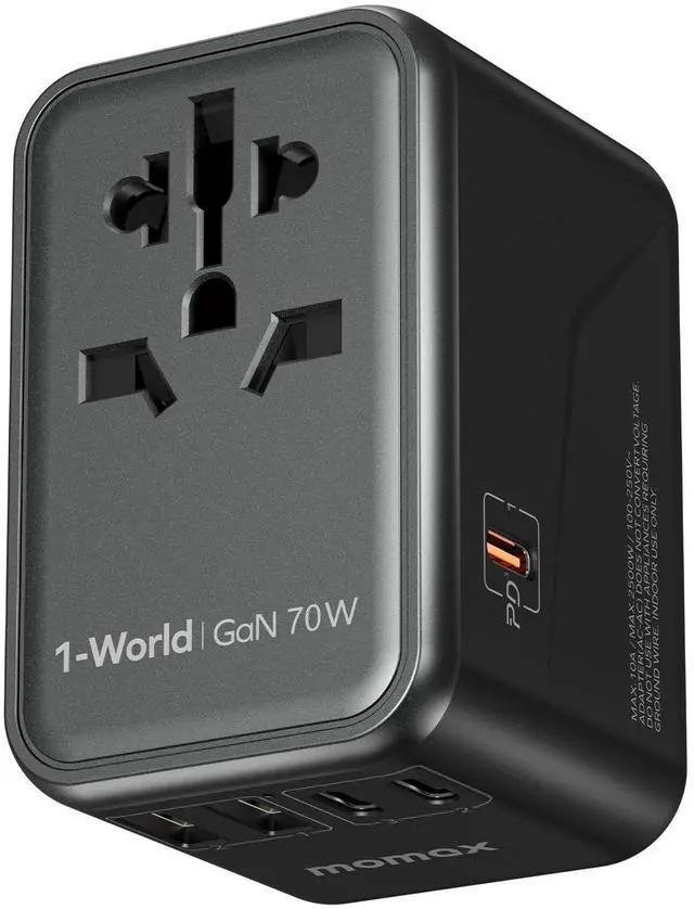 Main image of MOMAX Universal Travel Adapter 70W GaN, 3 USB-C PD & 2 USB-A QC, International Power Adapter Outlet, 6-in-1 Wall Charger for Laptop, Phone, European Travel Plug Adapter for UK/US/AUS/JP, Black
