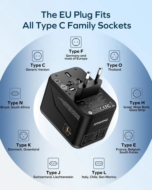 Alt view image 6 of 7 - MOMAX Universal Travel Adapter 70W GaN, 3 USB-C PD & 2 USB-A QC, International Power Adapter Outlet, 6-in-1 Wall Charger for Laptop, Phone, European Travel Plug Adapter for UK/US/AUS/JP, Black