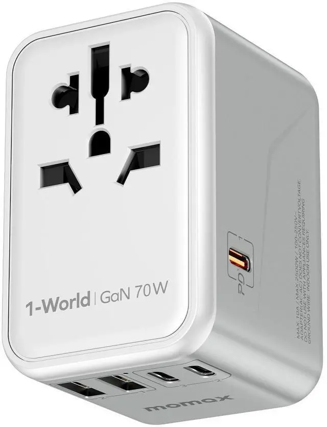 Main image of MOMAX Universal Travel Adapter 70W GaN, 3 USB-C PD & 2 USB-A QC, International Power Adapter Outlet, 6-in-1 Wall Charger for Laptop, Phone, European Travel Plug Adapter for UK/US/AUS/JP, White