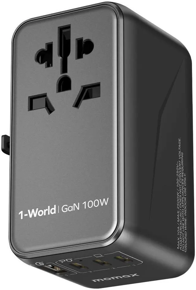 Main image of MOMAX 100W Universal Travel Adapter, 5-in-1 GaN International Power Adapter for Laptop, Phone, 2 USB-C PD & 2 USB-A QC Wall Charger, European Travel Plug Adapter for UK/US/AUS/JP, Travel Essentials