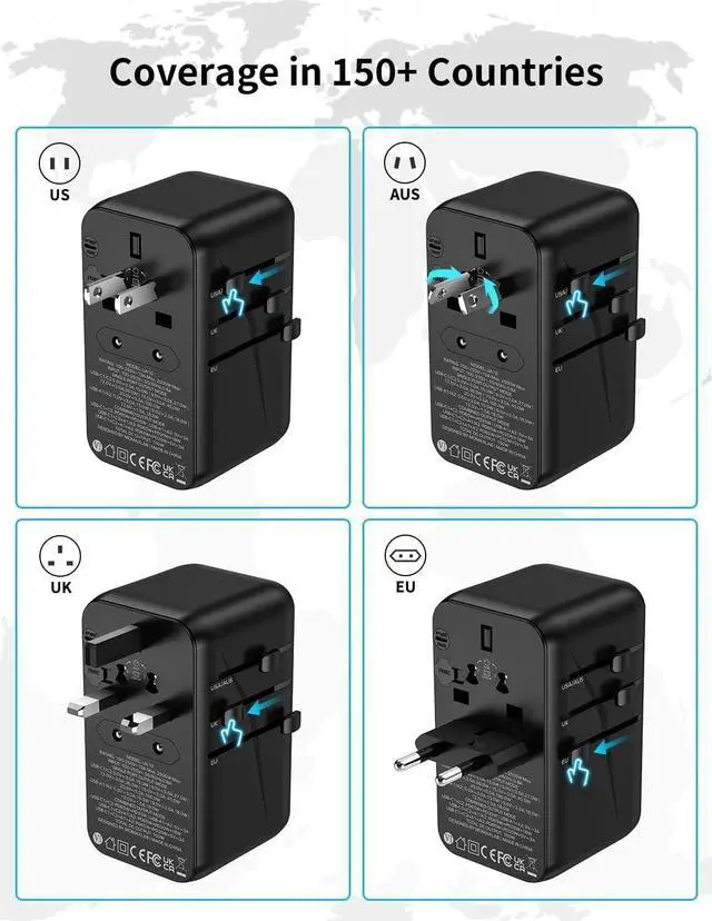 Alt view image 5 of 7 - MOMAX 100W Universal Travel Adapter, 5-in-1 GaN International Power Adapter for Laptop, Phone, 2 USB-C PD & 2 USB-A QC Wall Charger, European Travel Plug Adapter for UK/US/AUS/JP, Travel Essentials