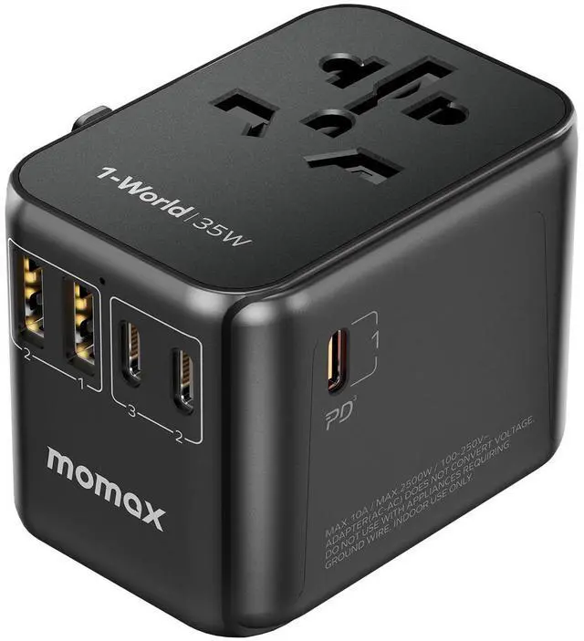 Main image of MOMAX Universal Travel Adapter, PD 35W Fast International Power Adapter, 3 USB C & 2 USB A, Worldwide Travel Plug Adapter, International Power Adapter for Europe, USA, Japan, Australia (Type C/A/G/I)