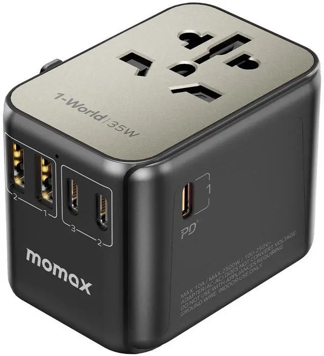 Main image of MOMAX Universal Travel Adapter, PD 35W Fast International Power Adapter, 3 USB C & 2 USB A, Worldwide Travel Plug Adapter, International Power Adapter for Europe, USA, Japan, Australia (Type C/A/G/I)