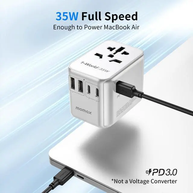 Alt view image 2 of 7 - MOMAX Universal Travel Adapter, PD 35W Fast International Power Adapter, 3 USB C & 2 USB A, Worldwide Travel Plug Adapter, International Power Adapter for Europe, USA, Japan, Australia (Type C/A/G/I)