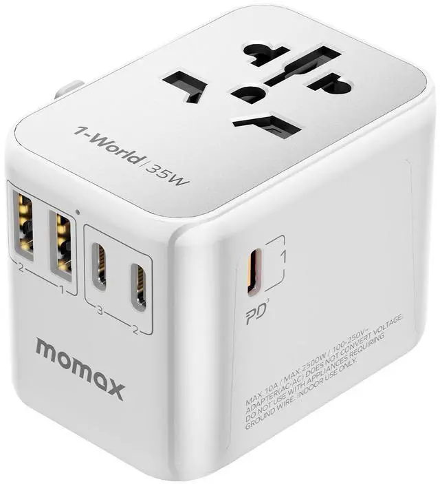 Main image of MOMAX Universal Travel Adapter, PD 35W Fast International Power Adapter, 3 USB C & 2 USB A, Worldwide Travel Plug Adapter, International Power Adapter for Europe, USA, Japan, Australia (Type C/A/G/I)