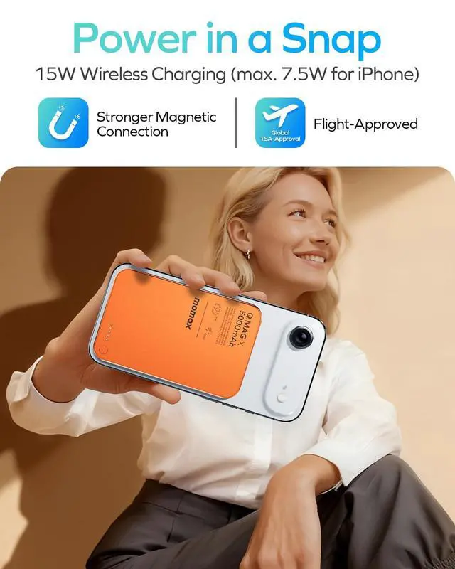 Alt view image 2 of 7 - MOMAX Magnetic Wireless Power Bank 5000mAh, Ultra-Slim 0.3" MagSafe-Compatible Portable Charger, 20W USB-C PD Fast Charging, for iPhone 17/16/15/14/13/12 Series, Samsung Galaxy & Google Pixel