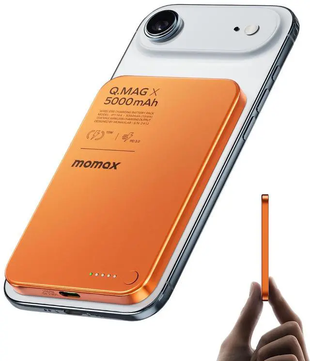 Main image of MOMAX Magnetic Wireless Power Bank 5000mAh, Ultra-Slim 0.3" MagSafe-Compatible Portable Charger, 20W USB-C PD Fast Charging, for iPhone 17/16/15/14/13/12 Series, Samsung Galaxy & Google Pixel