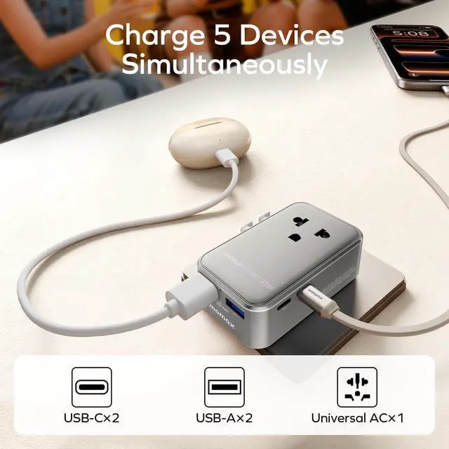 Alt view image 2 of 7 - MOMAX 1-World Pocket Universal Travel Adapter Ultra-Thin, Stylish & Mini GaN Charger, 25W Fast Charging, 5 Ports: 2 USB-C + 2 USB-A + AC, Foldable Plug, Worldwide Voltage, Misty Gray (1-Pack)