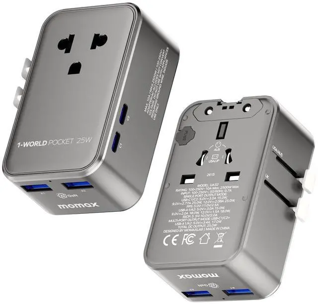 Main image of MOMAX 1-World Pocket Universal Travel Adapter Ultra-Thin, Stylish & Mini GaN Charger, 25W Fast Charging, 5 Ports: 2 USB-C + 2 USB-A + AC, Foldable Plug, Worldwide Voltage, Misty Gray (1-Pack)