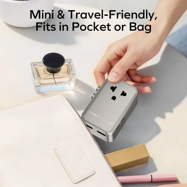 Alt view image 5 of 7 - MOMAX 1-World Pocket Universal Travel Adapter Ultra-Thin, Stylish & Mini GaN Charger, 25W Fast Charging, 5 Ports: 2 USB-C + 2 USB-A + AC, Foldable Plug, Worldwide Voltage, Misty Gray (1-Pack)