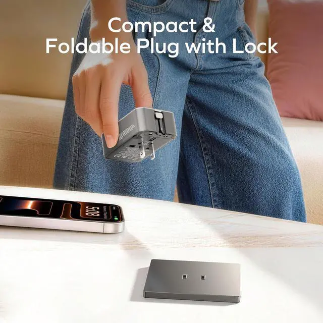 Alt view image 4 of 7 - MOMAX 1-World Pocket Universal Travel Adapter Ultra-Thin, Stylish & Mini GaN Charger, 25W Fast Charging, 5 Ports: 2 USB-C + 2 USB-A + AC, Foldable Plug, Worldwide Voltage, Misty Gray (1-Pack)