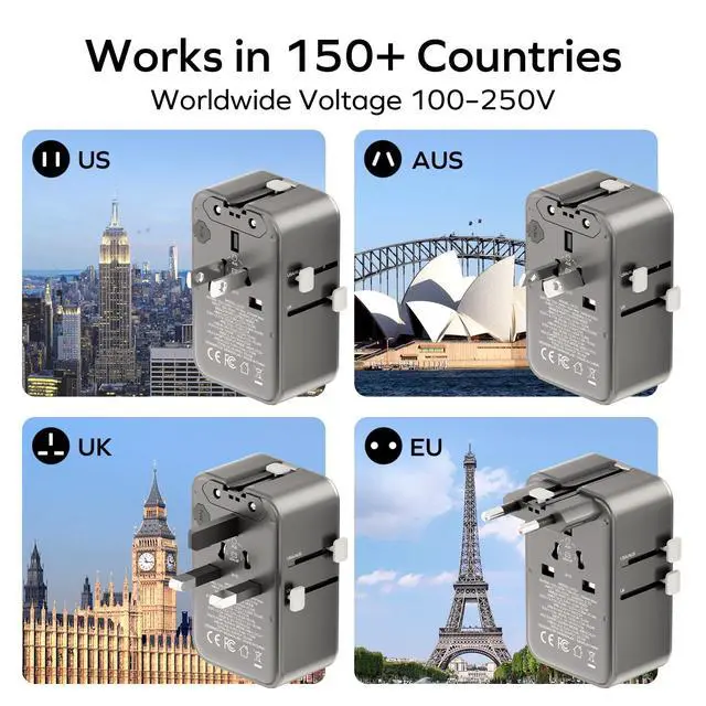 Alt view image 7 of 7 - MOMAX 1-World Pocket Universal Travel Adapter Ultra-Thin, Stylish & Mini GaN Charger, 25W Fast Charging, 5 Ports: 2 USB-C + 2 USB-A + AC, Foldable Plug, Worldwide Voltage, Misty Gray (1-Pack)