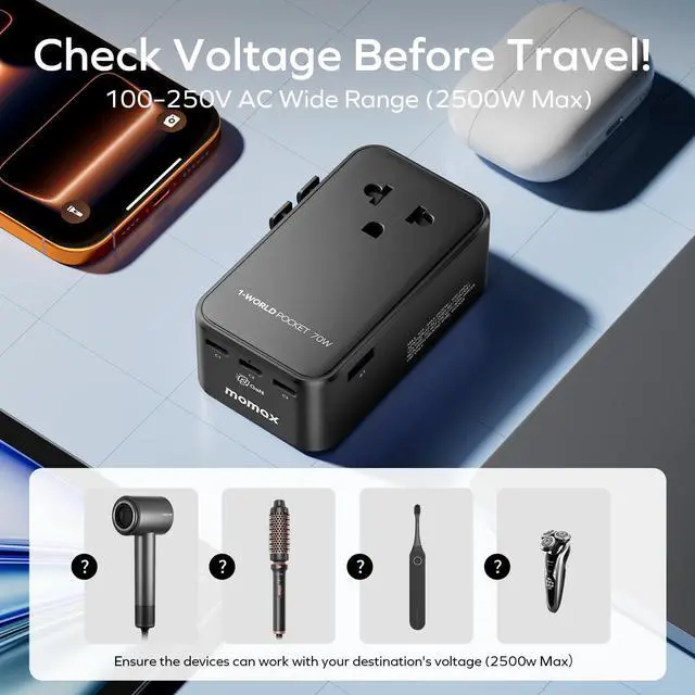 Alt view image 3 of 7 - (2026 NEW) MOMAX Universal Travel Adapter, Ultra-Thin 1-World Pocket 70W GaN International Plug Adapter with 3 USB-C & 1 USB-A Fast Charging All-in-One Wall Charger for USA EU UK AUS (1-Pack, Black)