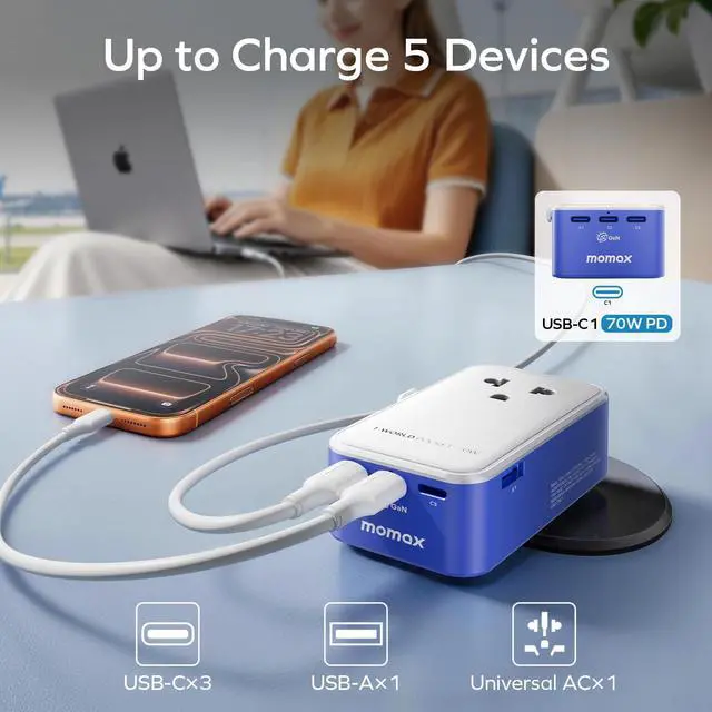 Alt view image 3 of 5 - (2026 NEW) MOMAX Universal Travel Adapter, Ultra-Thin 1-World Pocket 70W GaN International Plug Adapter with 3 USB-C & 1 USB-A Fast Charging All-in-One Wall Charger for USA EU UK AUS (1-Pack, Blue)