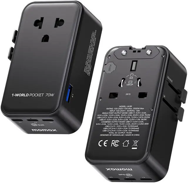 Main image of (2026 NEW) MOMAX Universal Travel Adapter, Ultra-Thin 1-World Pocket 70W GaN International Plug Adapter with 3 USB-C & 1 USB-A Fast Charging All-in-One Wall Charger for USA EU UK AUS (1-Pack, Black)