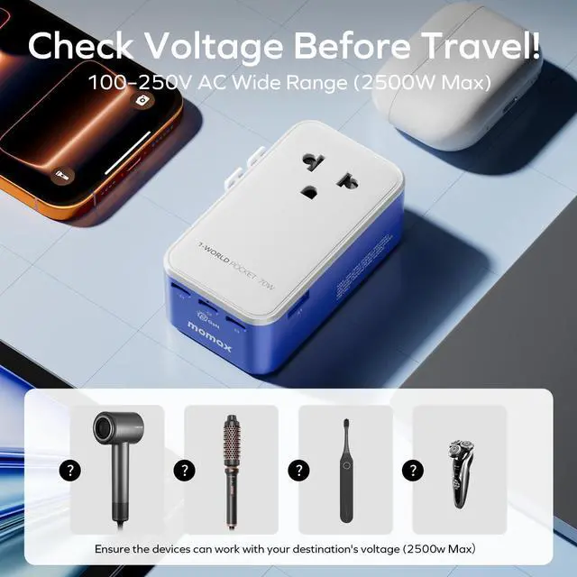 Alt view image 2 of 5 - (2026 NEW) MOMAX Universal Travel Adapter, Ultra-Thin 1-World Pocket 70W GaN International Plug Adapter with 3 USB-C & 1 USB-A Fast Charging All-in-One Wall Charger for USA EU UK AUS (1-Pack, Blue)