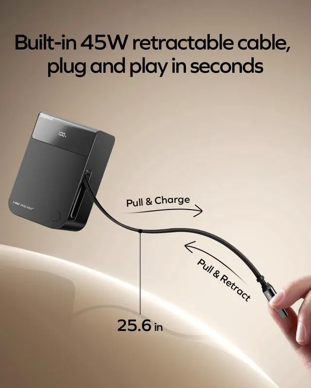 Alt view image 2 of 7 - MOMAX 10000mAh Portable Charger Power Bank with Retractable Cable, 45W Fast Charging Battery Pack 2 USB-C+A Ports,LED Power Display, Flight Friendly Powerbank for iPhone 17/16/15 Series(Black)