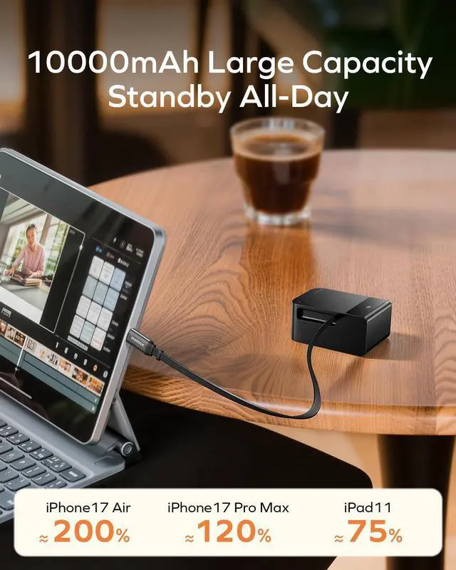 Alt view image 6 of 7 - MOMAX 10000mAh Portable Charger Power Bank with Retractable Cable, 45W Fast Charging Battery Pack 2 USB-C+A Ports,LED Power Display, Flight Friendly Powerbank for iPhone 17/16/15 Series(Black)
