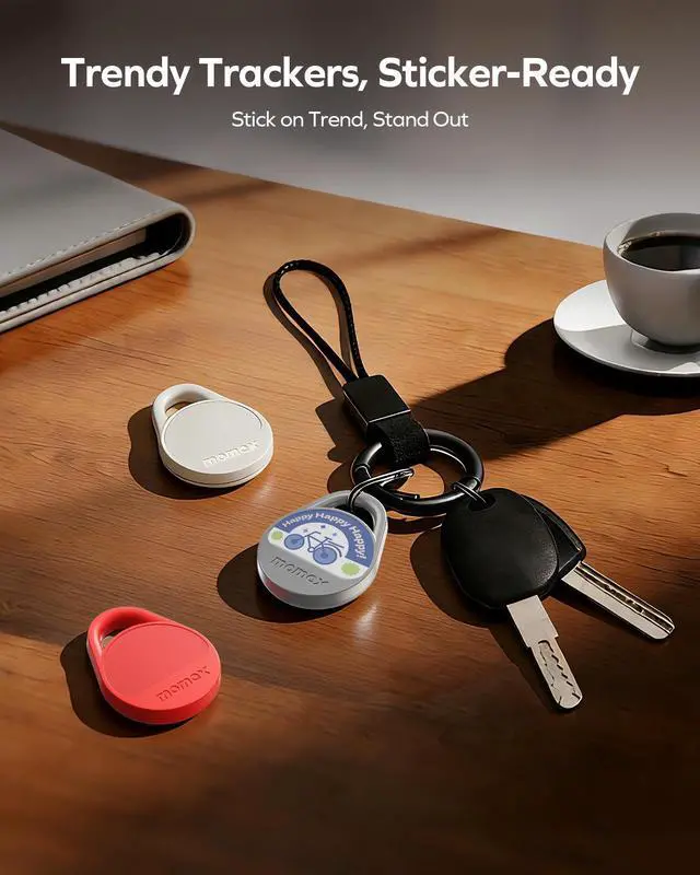 Alt view image 6 of 7 - Momax Tracker Tag Universal - Key Finder Works with Both Android & iOS Find My, Smart Bluetooth Air Tracking Device, Replaceable Battery, DIY Stickers, Item Locator for Wallets, Suitcases, White