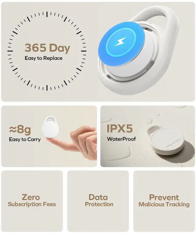 Alt view image 5 of 7 - Momax Tracker Tag Universal - Key Finder Works with Both Android & iOS Find My, Smart Bluetooth Air Tracking Device, Replaceable Battery, DIY Stickers, Item Locator for Wallets, Suitcases, White