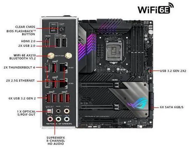 Alt view image 12 of 12 - ASUS ROG Maximus XIII Hero (WiFi 6E) Z590 LGA 1200 (Intel 11th/10th Gen) ATX Gaming Motherboard (PCIe 4.0, 14+2 Power Stages, DDR4 5333+, Dual 2.5Gb LAN, Thunderbolt 4 Onboard, Bluetooth v5.2, Quad M.
