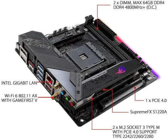 Alt view image 8 of 10 - ASUS ROG Strix X570-I Gaming, X570 Mini-ITX Gaming Motherboard, AMD Ryzen 3000 with PCIe 4.0, WiFi 6 (802.11ax), Intel Gigabit Ethernet, SATA 6Gb/s