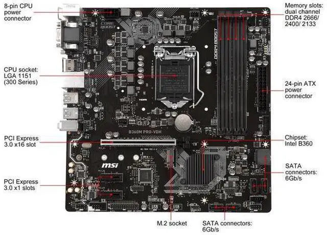 Alt view image 9 of 10 - MSI B360M PRO-VDH Intel B360 LGA 1151 DDR4 64GB Micro ATX Motherboard