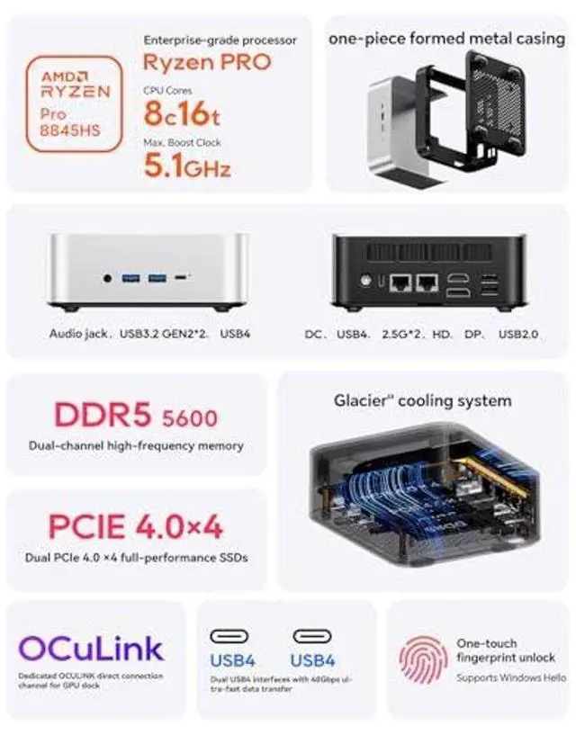 Alt view image 2 of 6 - AOOSTAR MACO Mini PC Ryzen 7 PRO 8845HS(up to 5.1GHz), Barebone Mini PC