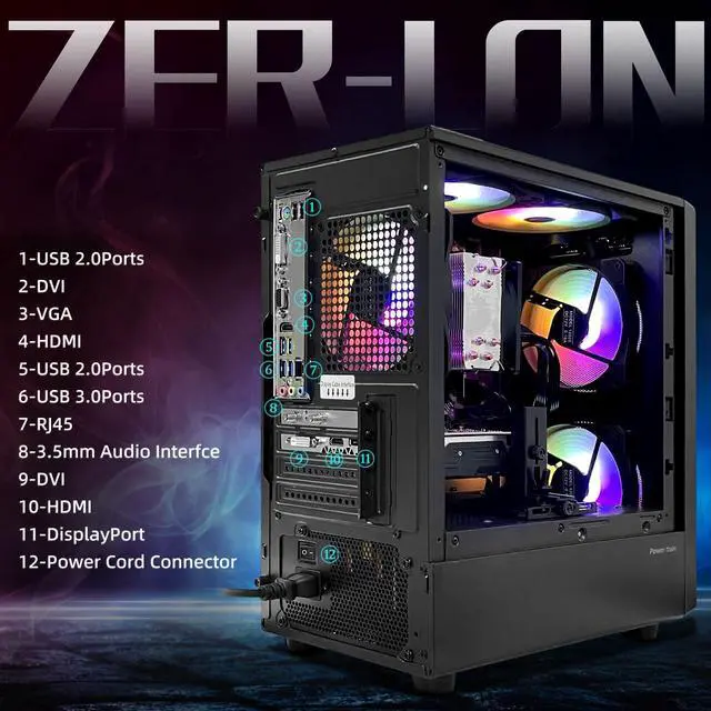 Alt view image 4 of 7 - ZER-LON Gaming PC Desktop Computer, Intel Core I5-14400F up to 4.7 GHz, GTX 1660 Super 6G, 16G DDR4 RAM, 1TB NVME SSD, WiFi 5.0, Prebuilt Gaming PC Tower Computer with RGB Fan
