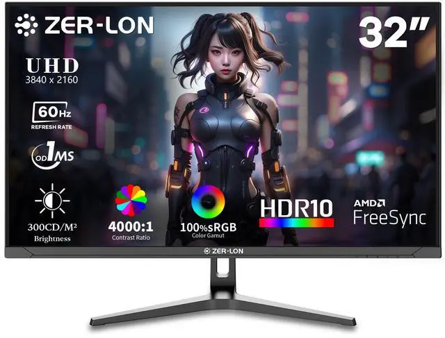 Main image of ZER-LON 32 Inch 4K UHD (3840 x 2160) Computer Monitor, IPS 60Hz Ultra-Clear Screen, 100% sRGB, Eye Saver/Flicker Free Mode, FreeSync, Built-in Speaker, HDMI2.0 x2, DP1.4 x2