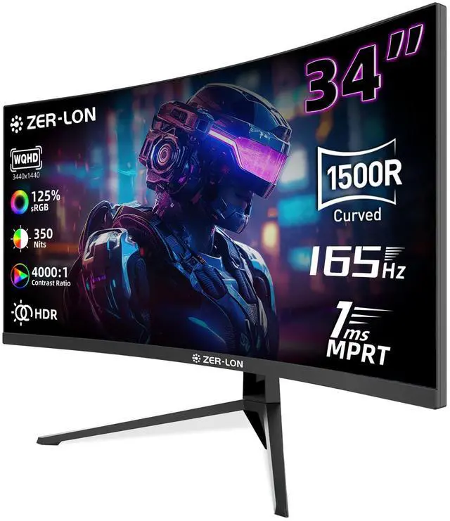 Main image of ZER-LON 34 inch Ultrawide Curved Gaming Monitor, 21:9 WQHD 3440×1440 165Hz Computer Monitors, 1500R 1ms(MPRT), 125% sRGB, 350nits, FreeSync, HDMI2.0 x2, DP1.4 x2, Wall Mountable/Tilt Adjustable Black