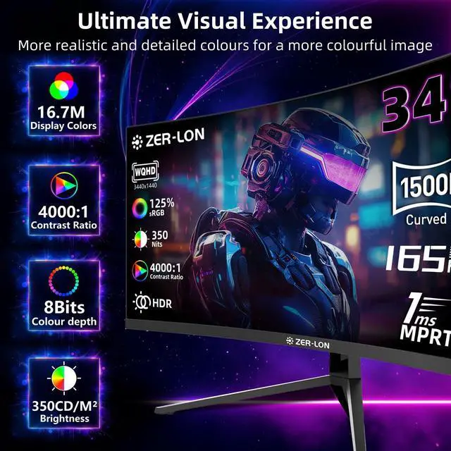 Alt view image 2 of 7 - ZER-LON 34 inch Ultrawide Curved Gaming Monitor, 21:9 WQHD 3440×1440 165Hz Computer Monitors, 1500R 1ms(MPRT), 125% sRGB, 350nits, FreeSync, HDMI2.0 x2, DP1.4 x2, Wall Mountable/Tilt Adjustable Black