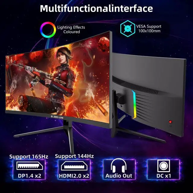 Alt view image 7 of 7 - ZER-LON 34 inch Ultrawide Curved Gaming Monitor, 21:9 WQHD 3440×1440 165Hz Computer Monitors, 1500R 1ms(MPRT), 125% sRGB, 350nits, FreeSync, HDMI2.0 x2, DP1.4 x2, Wall Mountable/Tilt Adjustable Black