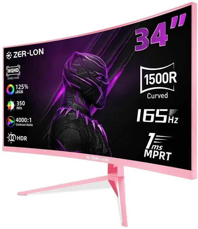 Main image of ZER-LON 34 inch Ultrawide Curved Gaming Monitor, 21:9 WQHD 3440×1440 165Hz Computer Monitors, 1500R 1ms(MPRT), 125% sRGB, 350nits, FreeSync, HDMI2.0 x2, DP1.4 x2, Wall Mountable/Tilt Adjustable Pink