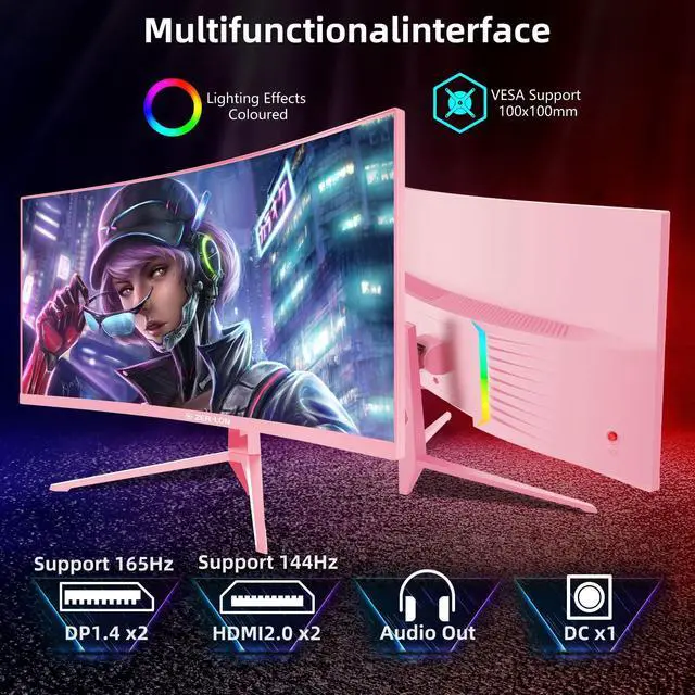 Alt view image 7 of 7 - ZER-LON 34 inch Ultrawide Curved Gaming Monitor, 21:9 WQHD 3440×1440 165Hz Computer Monitors, 1500R 1ms(MPRT), 125% sRGB, 350nits, FreeSync, HDMI2.0 x2, DP1.4 x2, Wall Mountable/Tilt Adjustable Pink