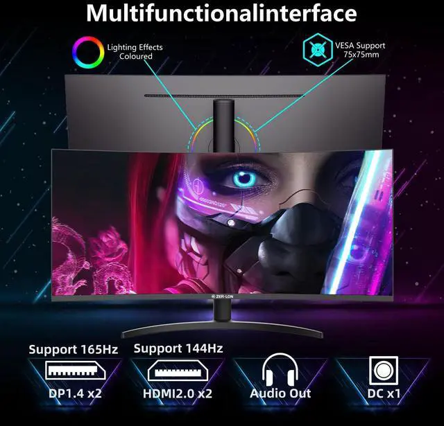 Alt view image 6 of 7 - 34 Inch Curved Gaming Monitor, 3440x1440 165Hz Ultrawide Computer Monitor, Tilt/Height/Pivot Adjustment, HDR400 1500R -PIP 1ms(MPRT) 99% sRGB, DCI-P3 95%, HDMI2.0 X2, DP1.4 X2 Port