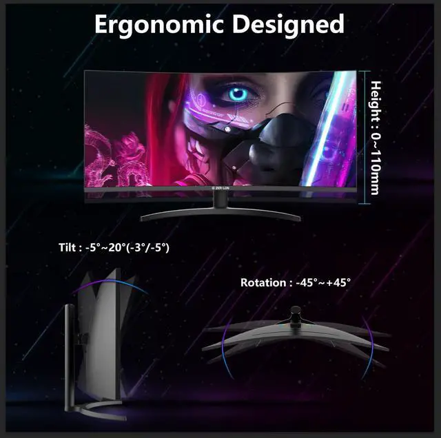 Alt view image 7 of 7 - 34 Inch Curved Gaming Monitor, 3440x1440 165Hz Ultrawide Computer Monitor, Tilt/Height/Pivot Adjustment, HDR400 1500R -PIP 1ms(MPRT) 99% sRGB, DCI-P3 95%, HDMI2.0 X2, DP1.4 X2 Port