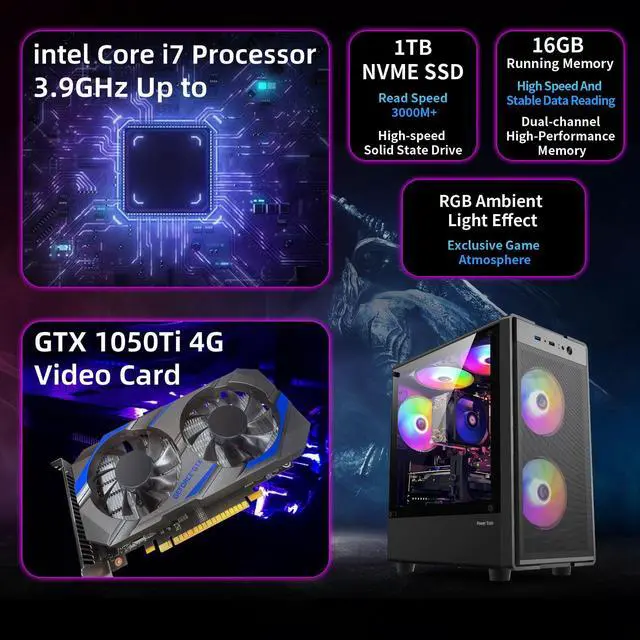 Alt view image 2 of 7 - ZER-LON Gaming PC Desktop Computer, Intel Core I7 up to 3.9 GHz, GTX 1050Ti 4G, 16G DDR4 RAM, 1TB NVME SSD, WiFi 5.0, Prebuilt Gaming PC Tower Computer with RGB Fan