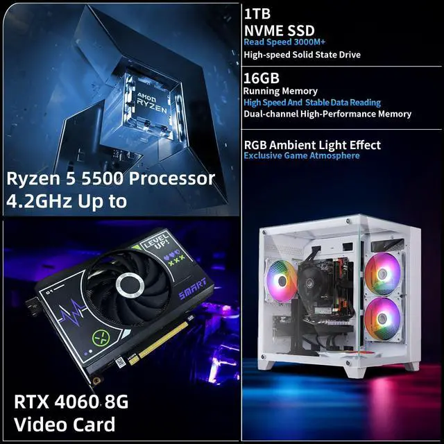 Alt view image 2 of 6 - Gaming PC Desktop Computer, AMD Ryzen 5 5500 up to 4.2GHz, RTX 4060 8G, 16G DDR4 RAM, 1TB NVME SSD, WiFi 5.0, Prebuilt Gaming PC Tower Computer with RGB Fan x 5
